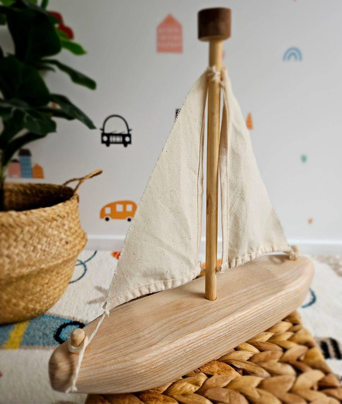 qtoys ecovoyager eco-friendly natural wooden recycled tree sailboat toy with canvas sail