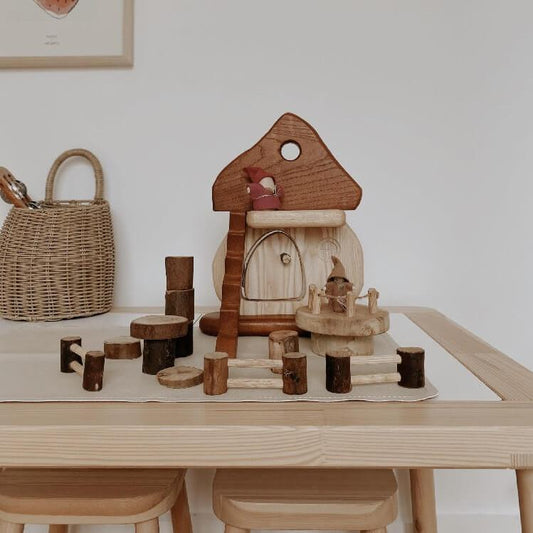 wooden mushroom house and gnomes toys