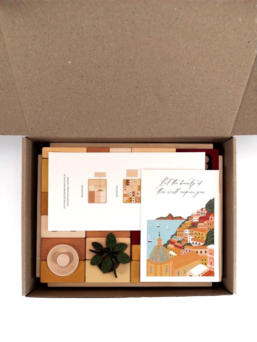 Sabo Concept box of wooden blocks Italian courtyard building set.