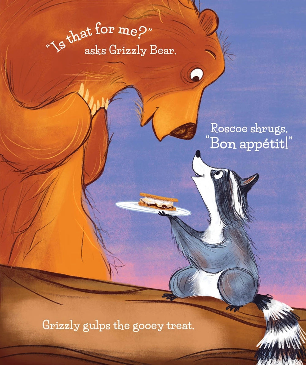 Make More S'mores Illustrated children's book page showing a large brown bear looking down at a badger holding a s'more on a plate. Text reads: “Is that for me?” asks Grizzly Bear, “Roscoe shrugs.