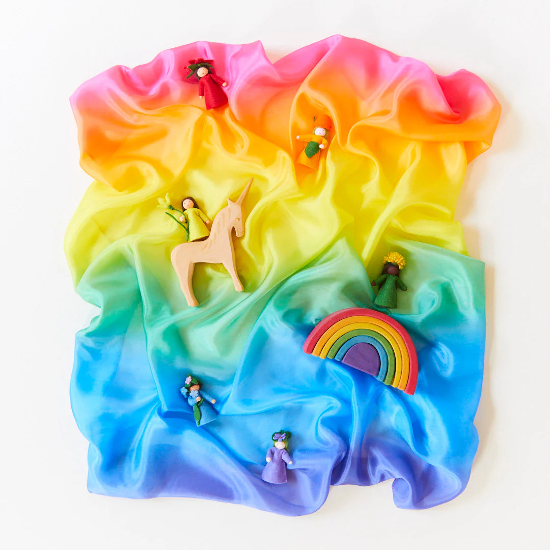 sarah's silks rainbow playsilk with waldorf small world wooden toys and fairies