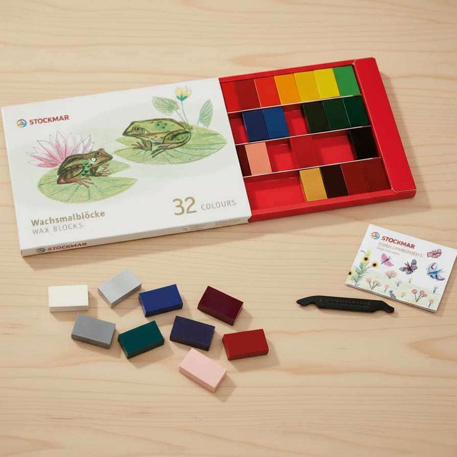 Set of 32 Stockmar wax block crayons with a box and a scraper