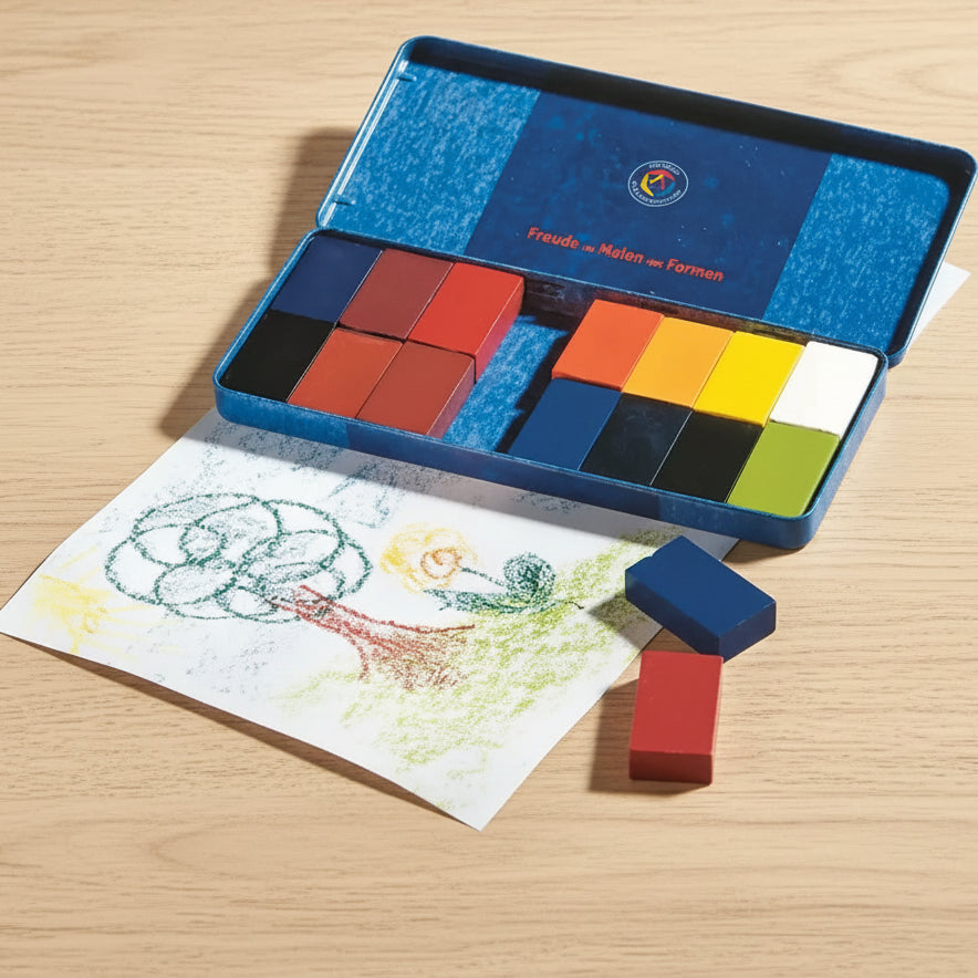 Stockmar Beeswax drawing block crayons for kids with a sample drawing
