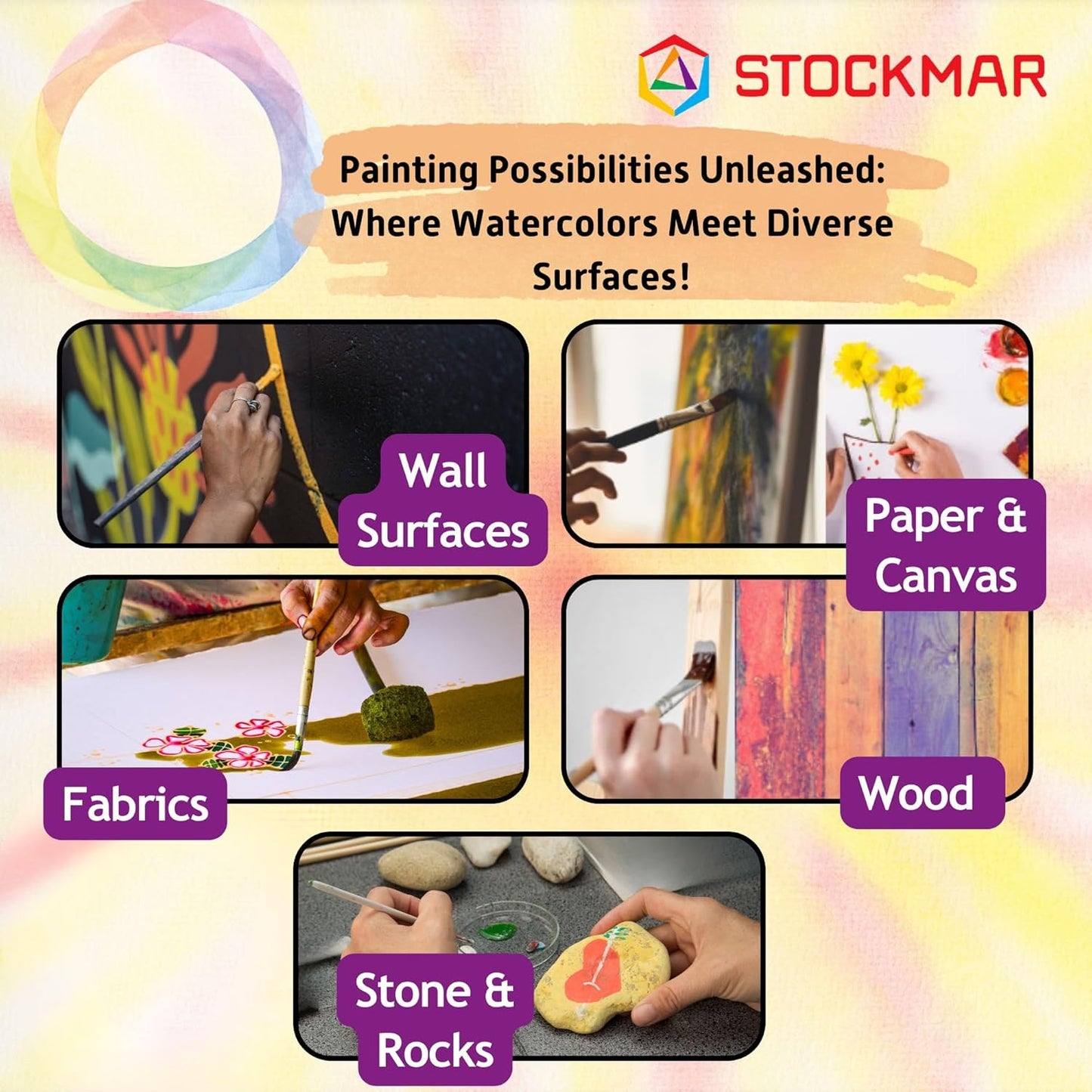 Stockmar watercolor painting on various surfaces including wood, rocks, fabrics and paper and canvas