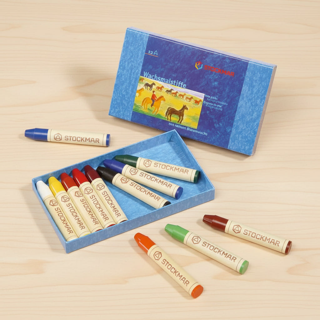 Set of 12 Stockmar stick crayons in a blue box