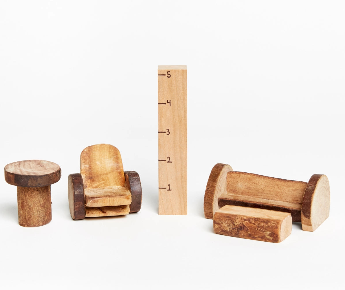 Tree Blocks natural wooden miniature doll living room furniture.