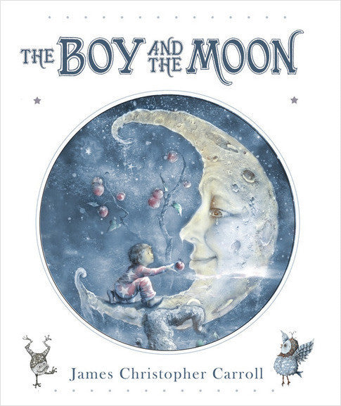 Book cover of 'The Boy and the Moon' picture book with a celestial design.