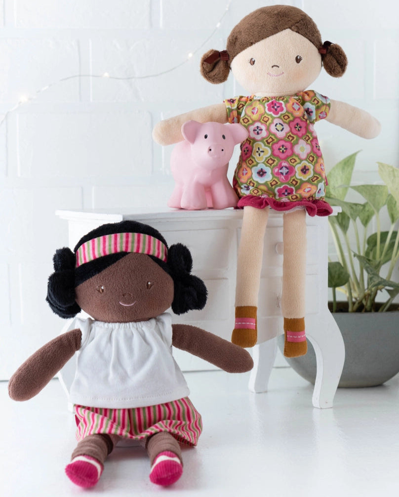 handmade black doll with black hair and light skin doll with brown hair