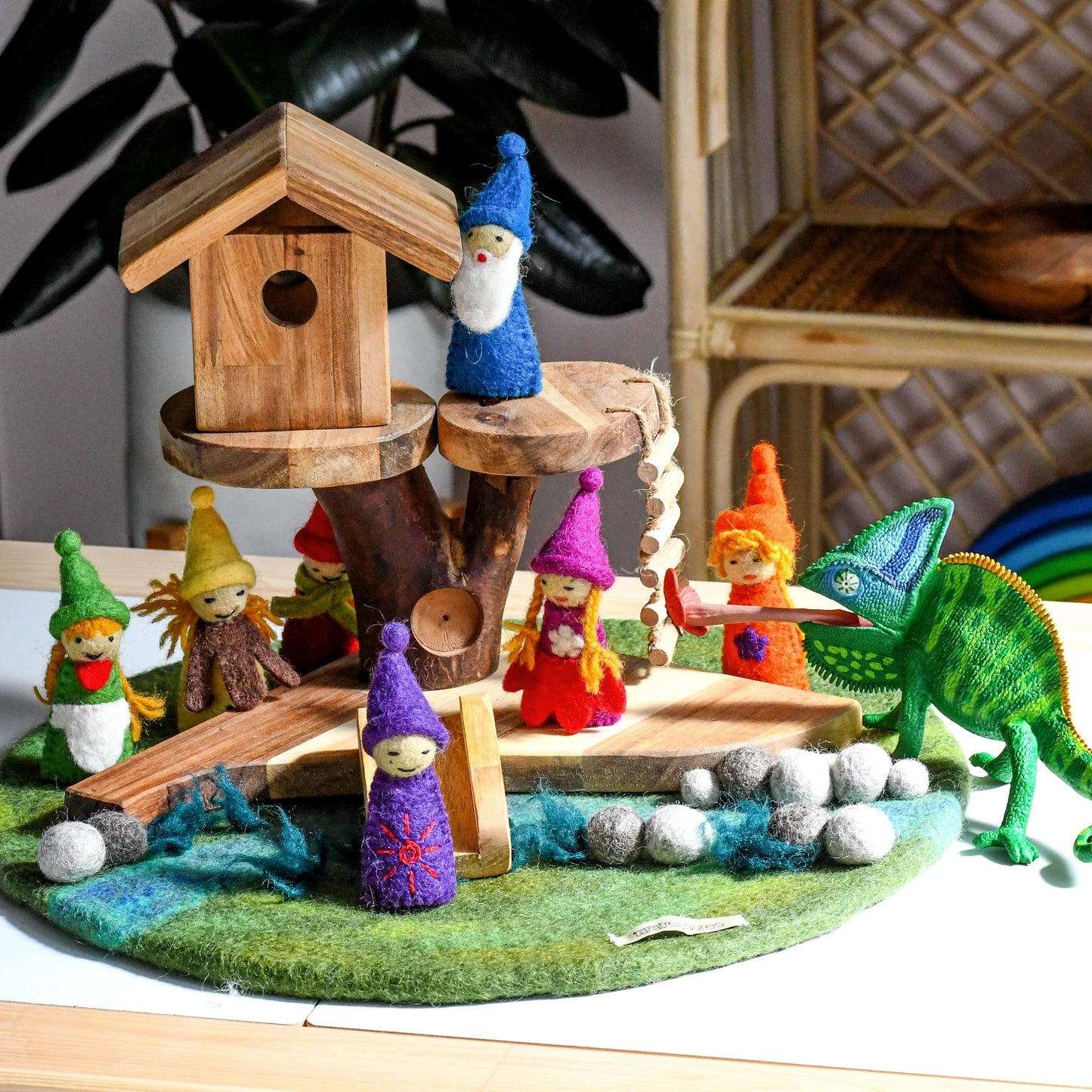 Tara Treasures felt rainbow gnome finger puppets with a wooden toy house