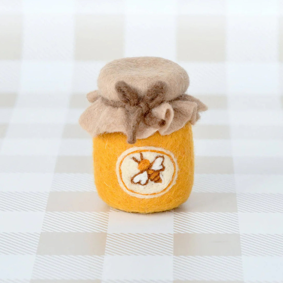 tara treasures play food felted honey jar decorated with a bee
