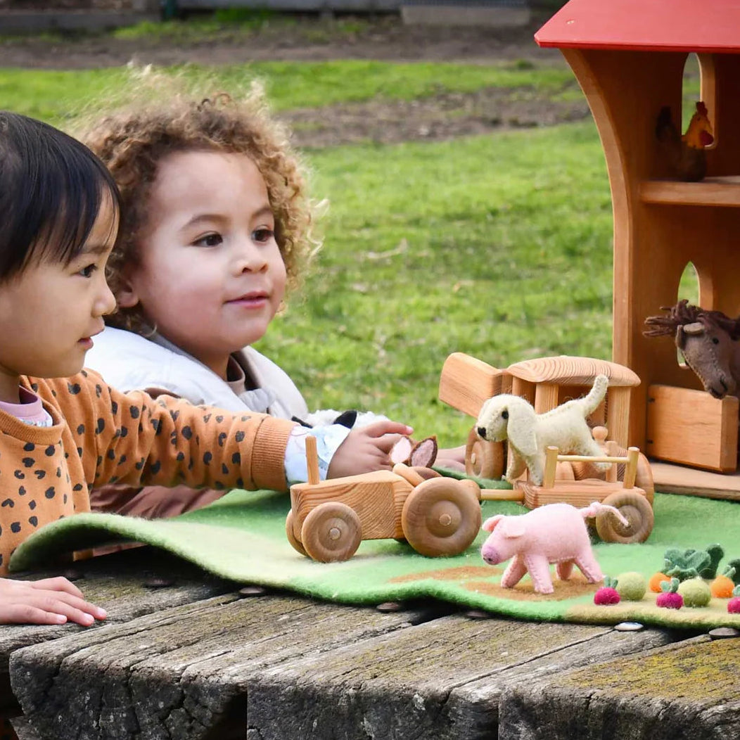 kids playing with Tara Treasures felt farm toys and play mat with a Debresk wooden Tractor
