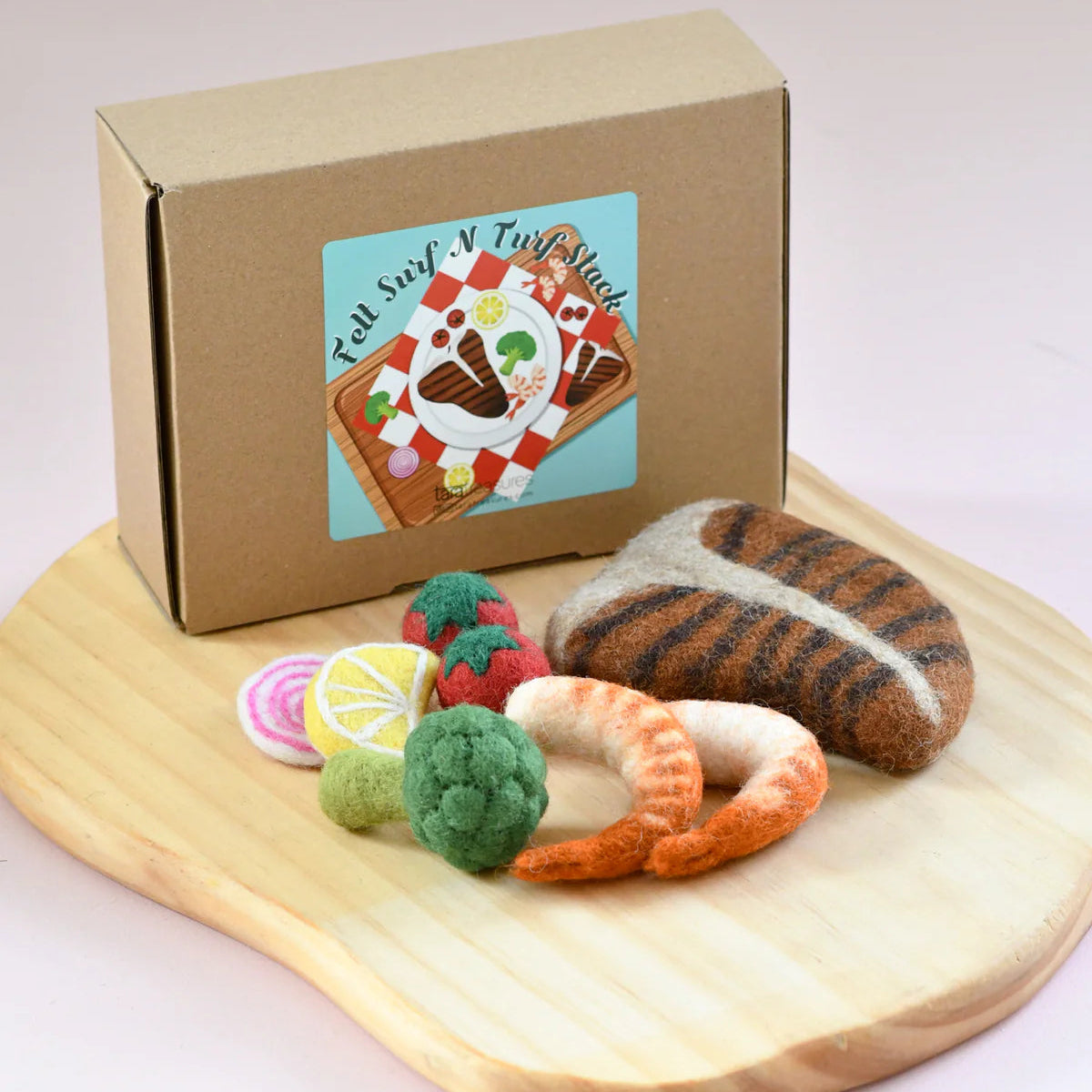 Tara treasures felt play food surf and turf set in a box with steak, prawns, broccoli, tomato, onion, and lemon