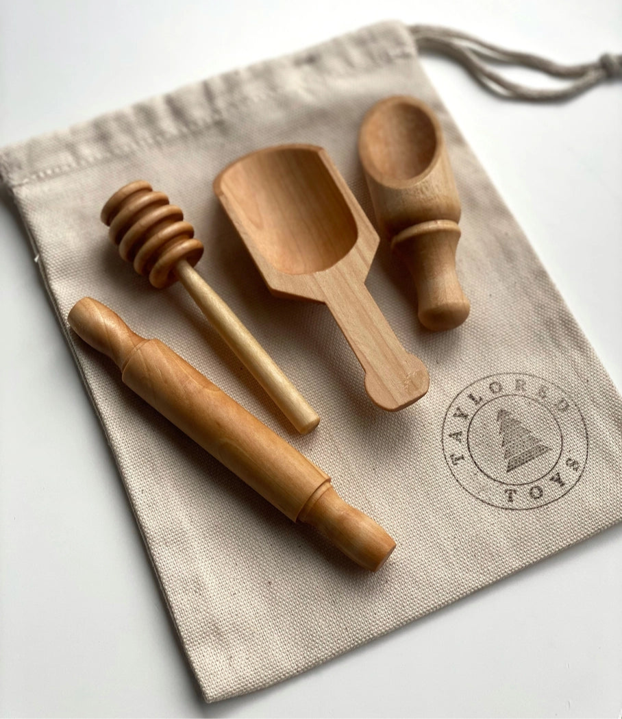natural wooden toy kitchen tools