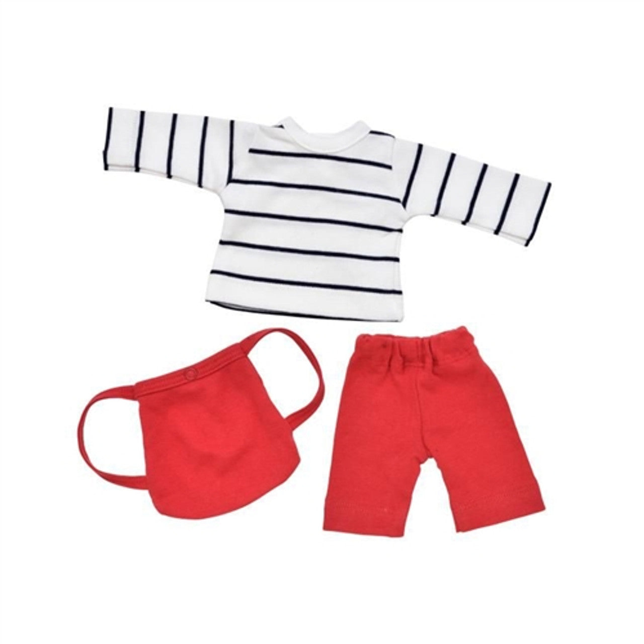 Organic Doll Clothes striped shirt, red backpack, and red pants