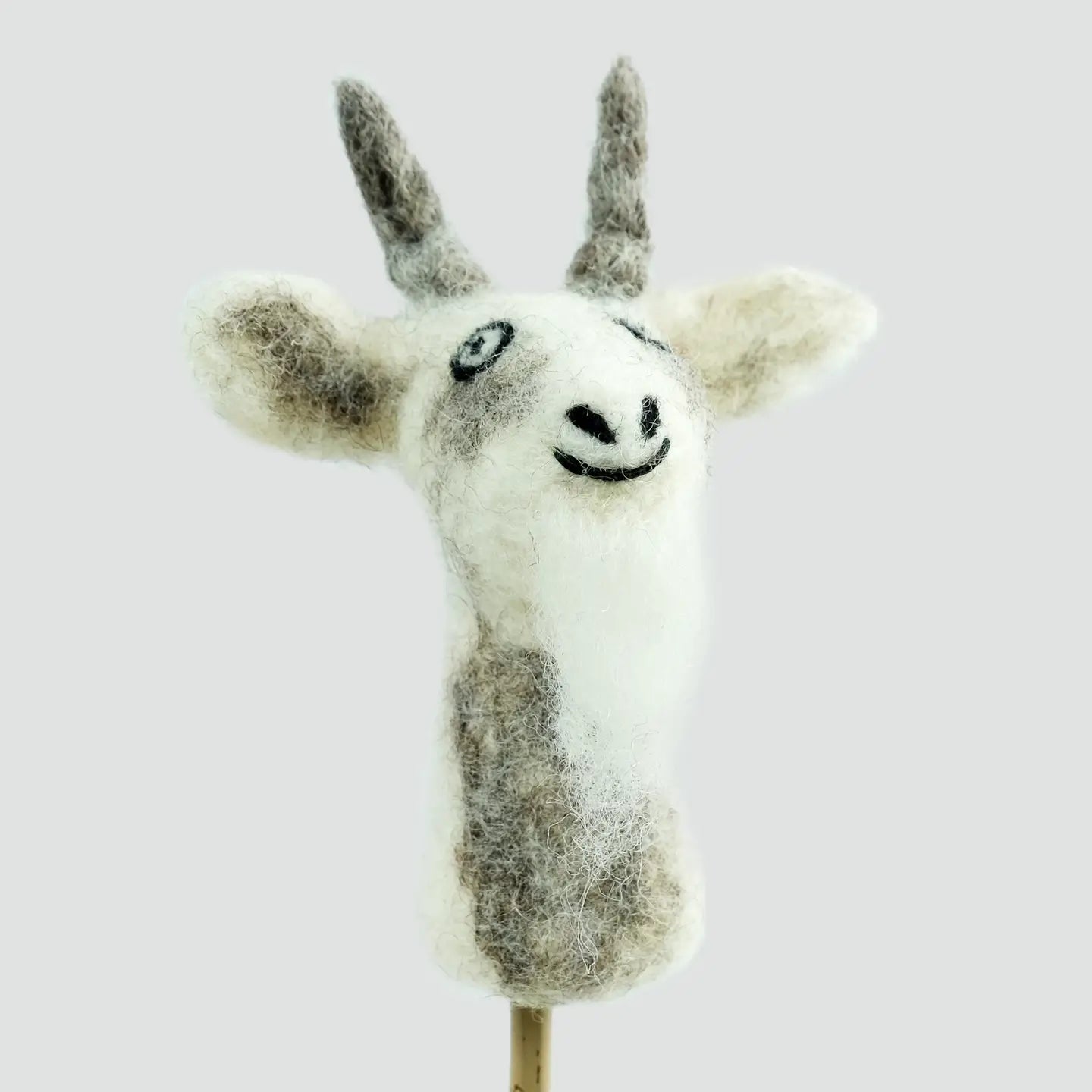 winding road billy goat felted finger puppet in gray and white