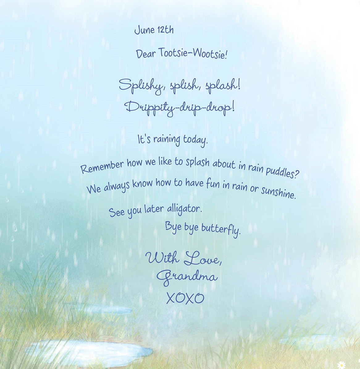 'With Love, Grandma' children's picture book page featuring a letter from a grandma to a child named T about rain, with a background of raindrops and grass.