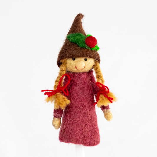 winding road handmade felted holly gnome finger puppet in red dress and brown hat with holly over braided hair