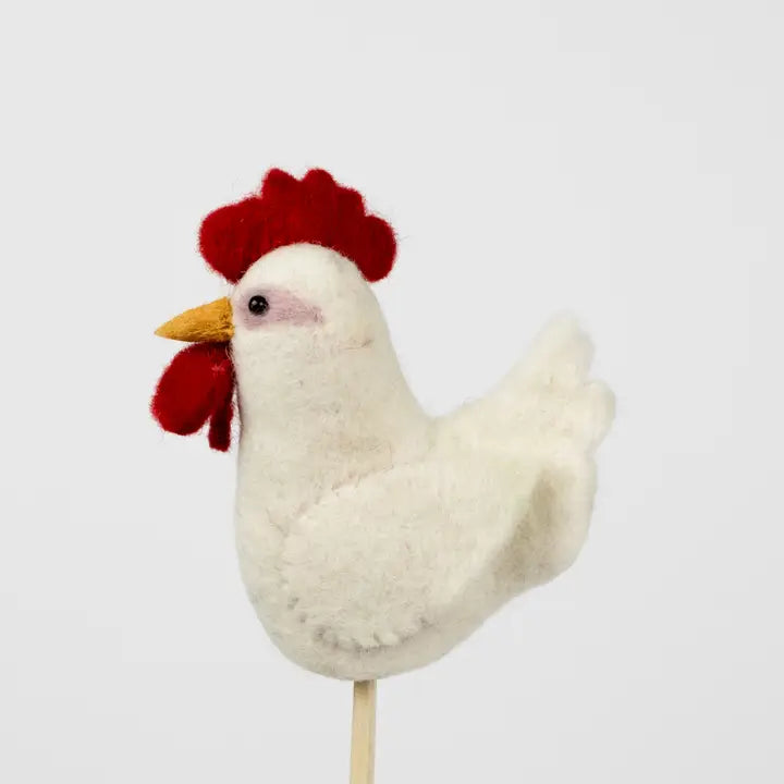 winding road hand felted white chicken finger puppet toy