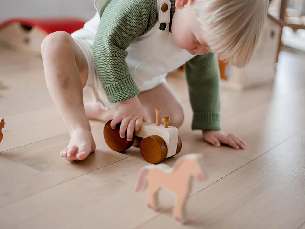 boy playing with wooden tractor and horse