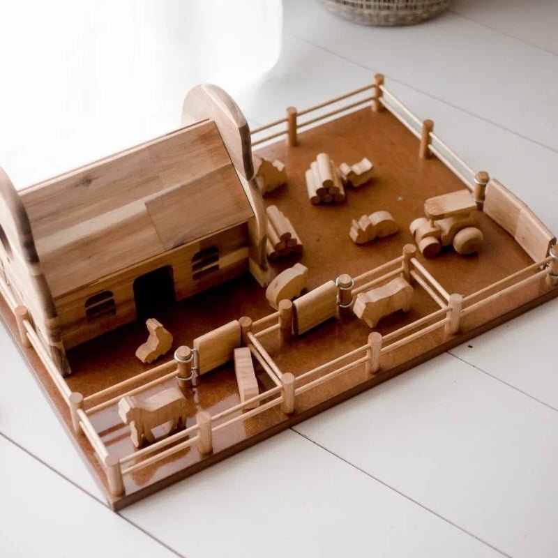 Wood toy farm barn and animals