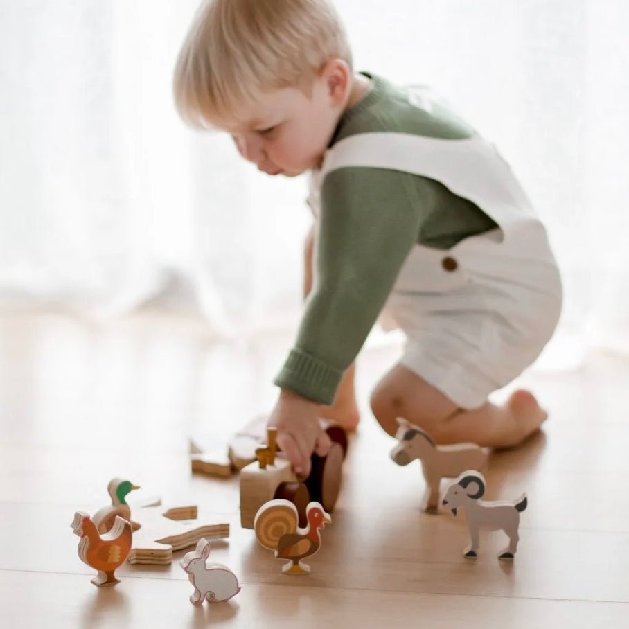 boy playing with qtoys wooden farm animals and tractor