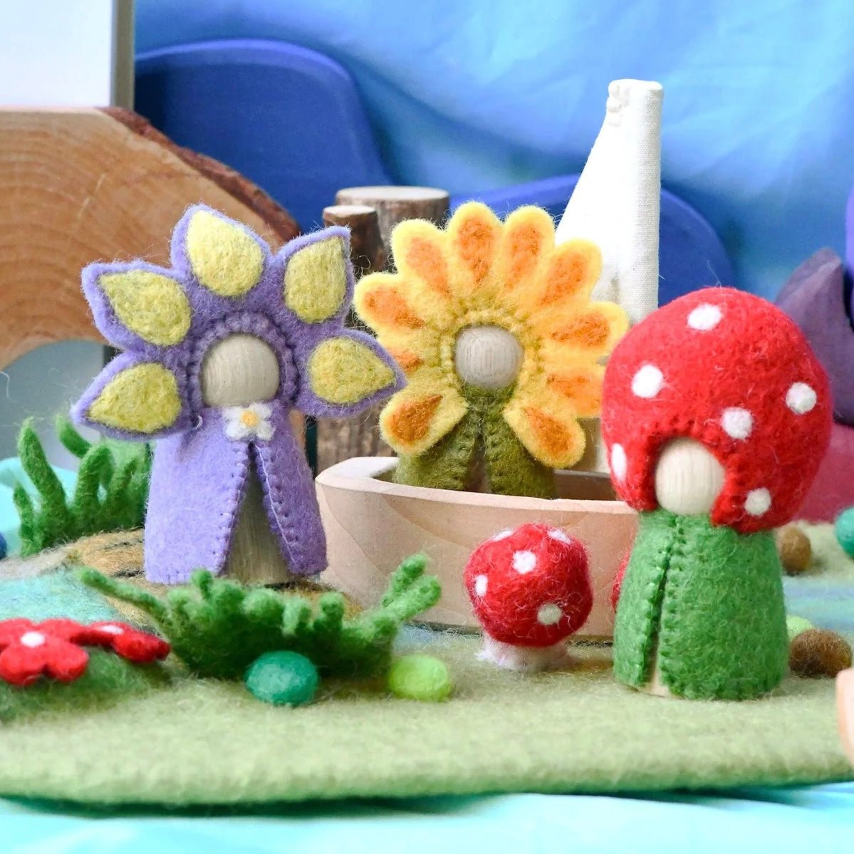 Handmade felt and wood peg doll mushroom and flowers