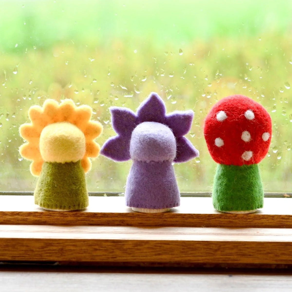 Flower and toadstool felt and wood peg dolls