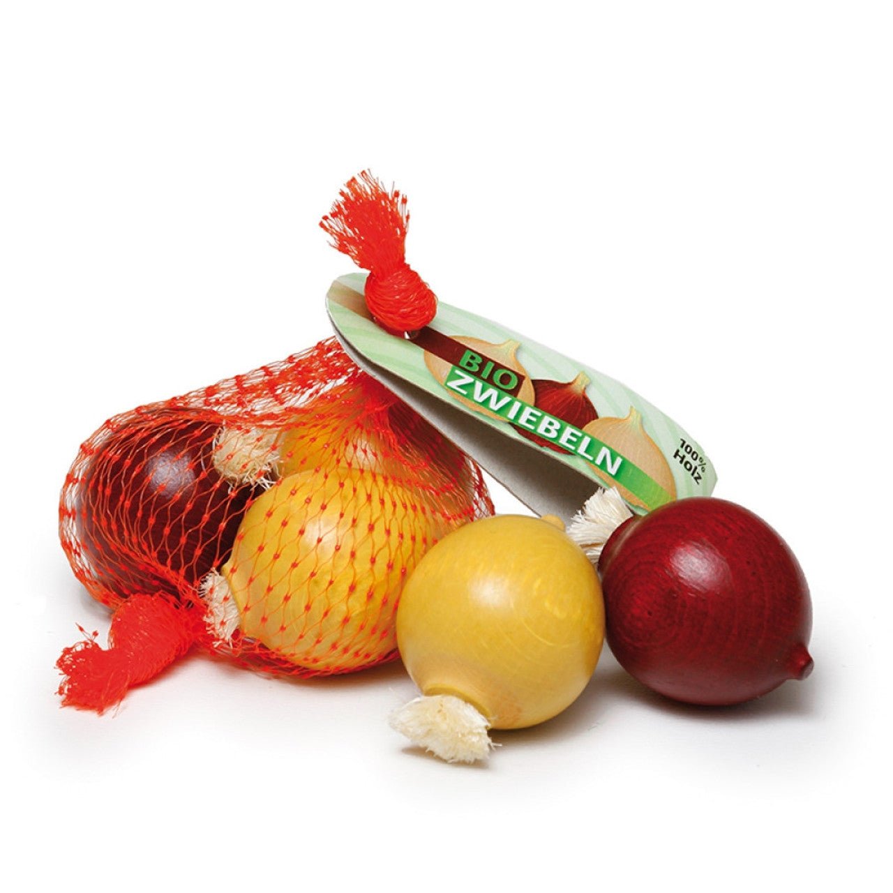 erzi wooden play food onions in a net