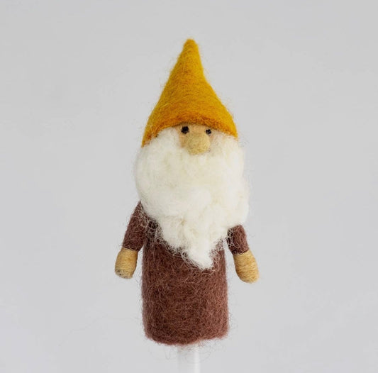 waldorf felted gnome finger puppet gold hat