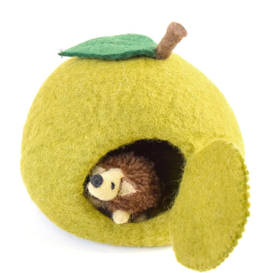 fair trade felt natural apple house hedgehog toy
