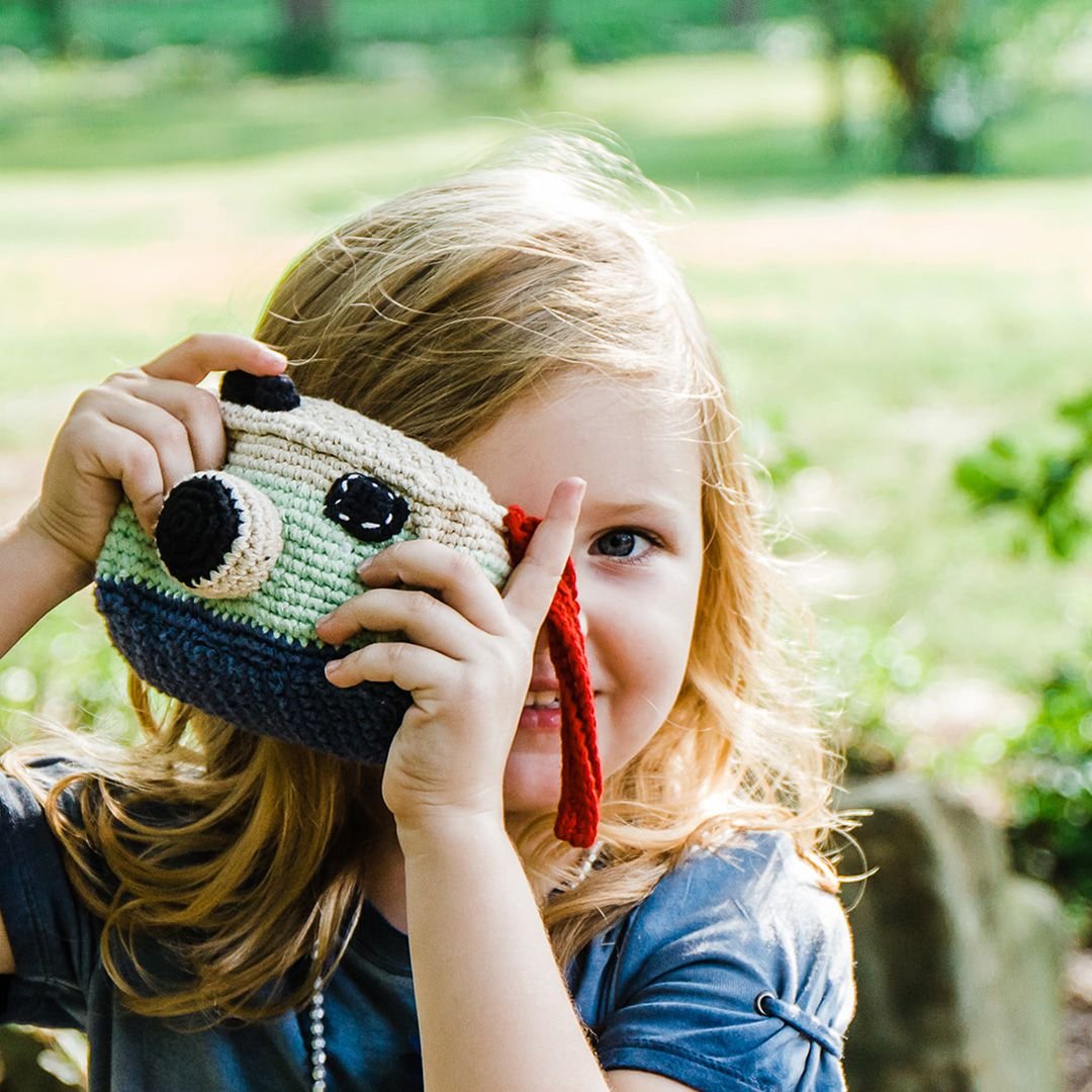 organic crochet camera rattle