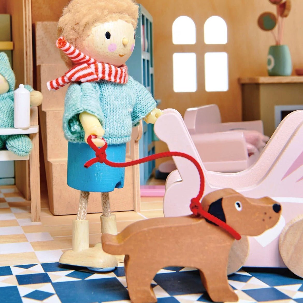 natural dollhouse doll dad and dog