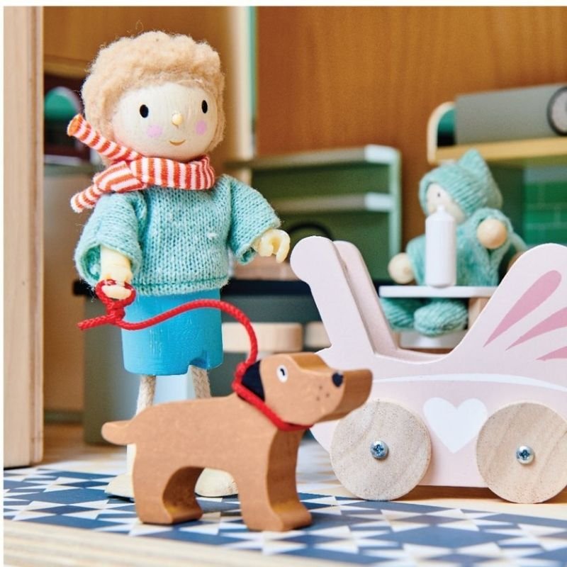 natural dollhouse doll dad with dog