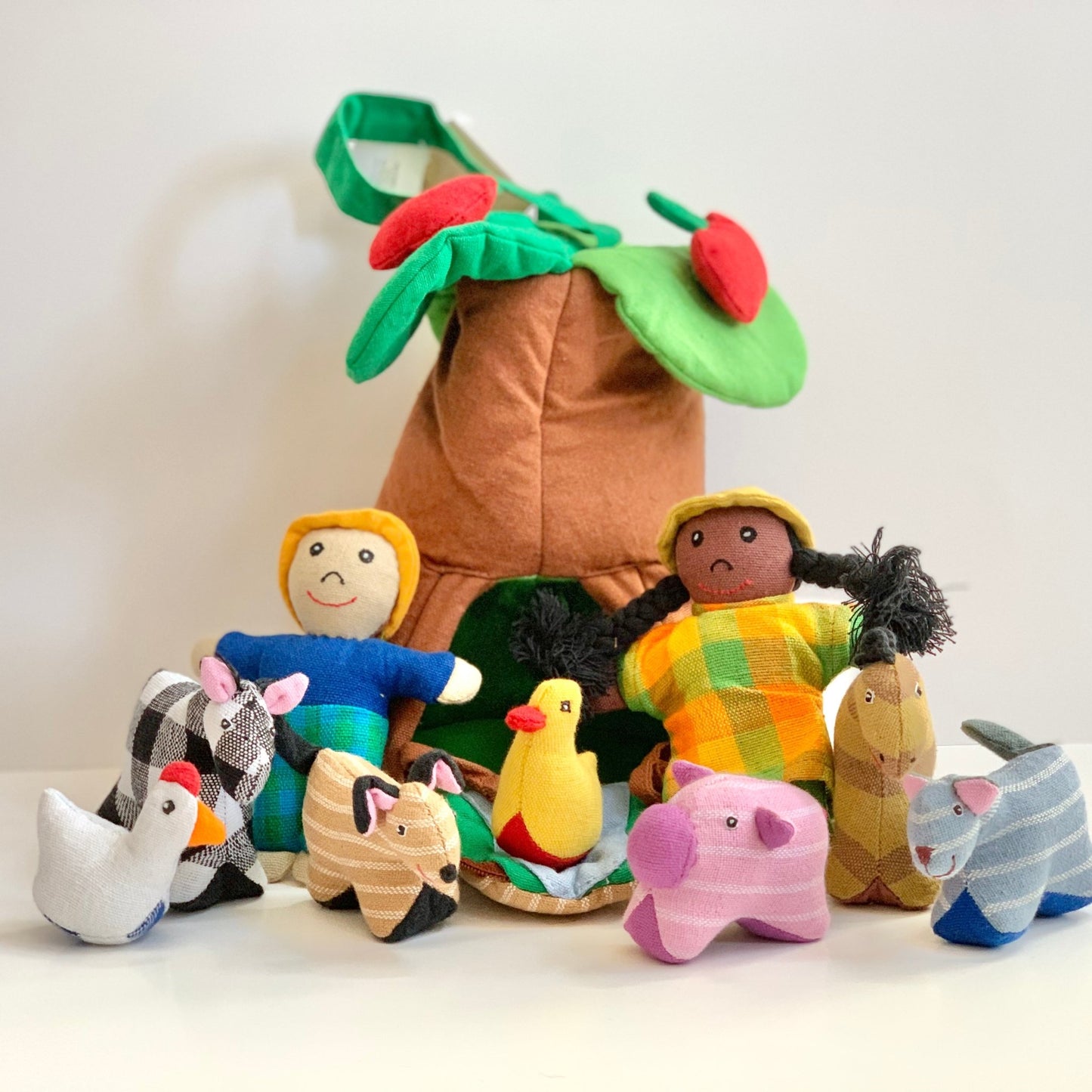 handmade farm animal play set with black girl farmer doll