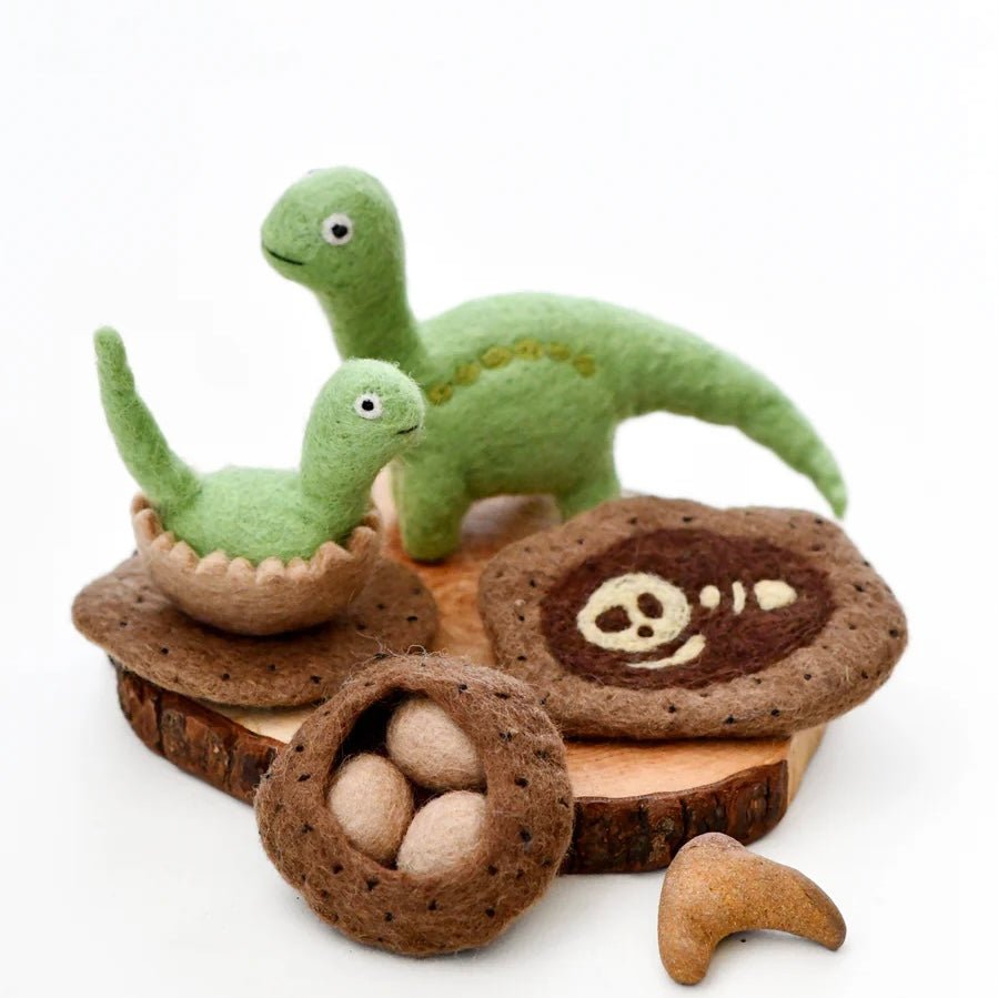 Needle-felted Brontosaurus Dinosaur Lifecycle Playset