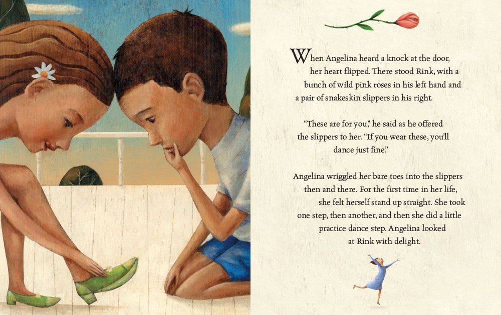 A girl trying on a shoe from The Boy Who Grew Flowers Children's Book