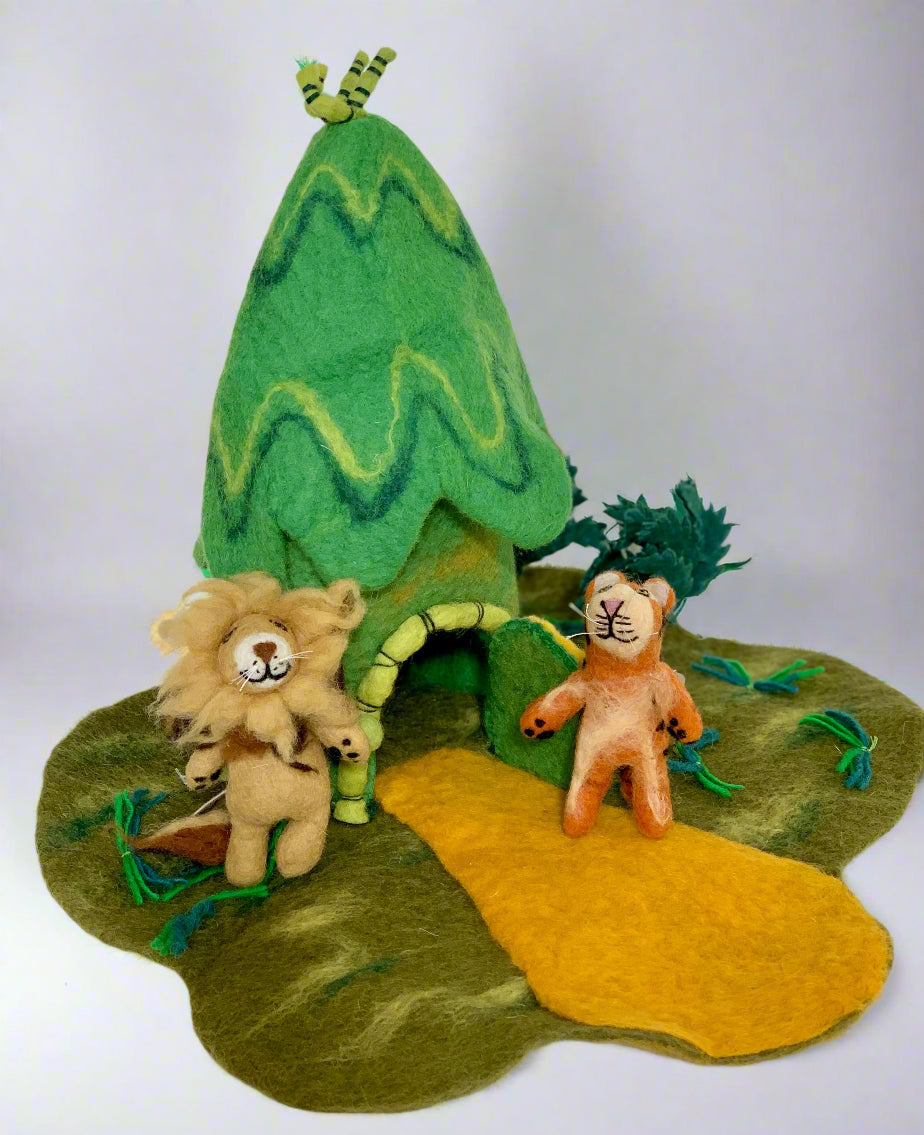 winding road felt jungle hut dollhouse with lion and tiger finger puppets