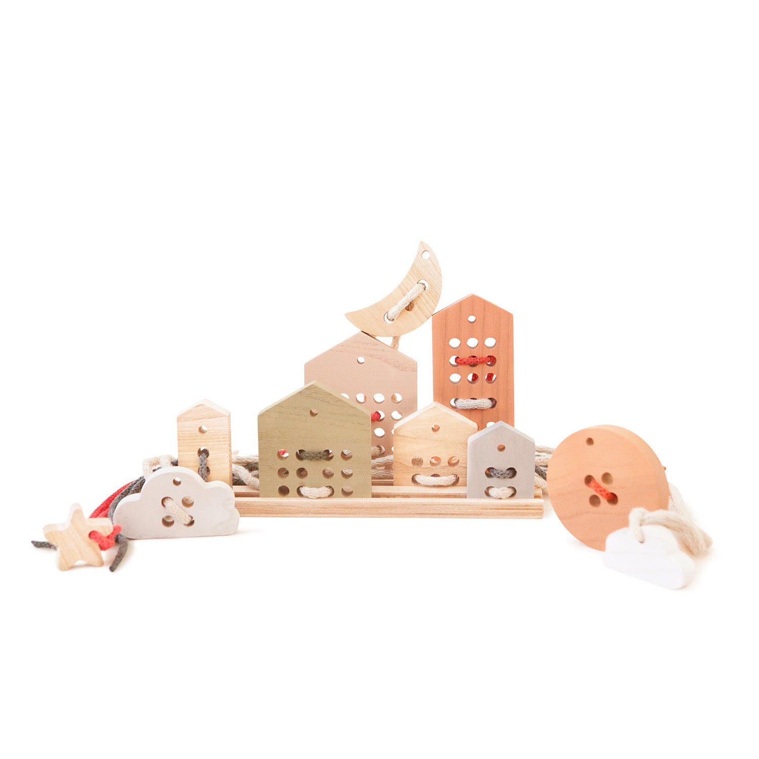 wooden houses and sky lacing toy