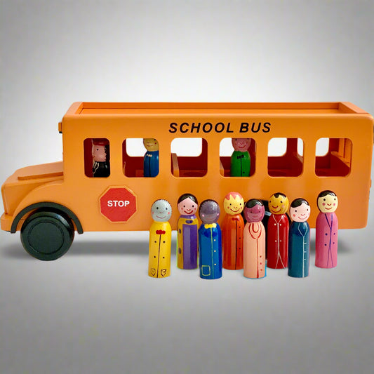 handmade wooden school bus and diverse peg dolls play set