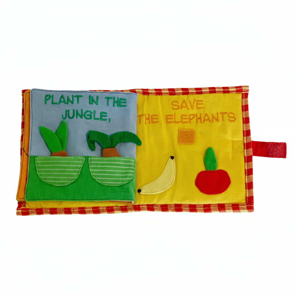 Mr. Ellie Pooh Save the Elephants soft book handstitched page with colorful fruits and vegetables.