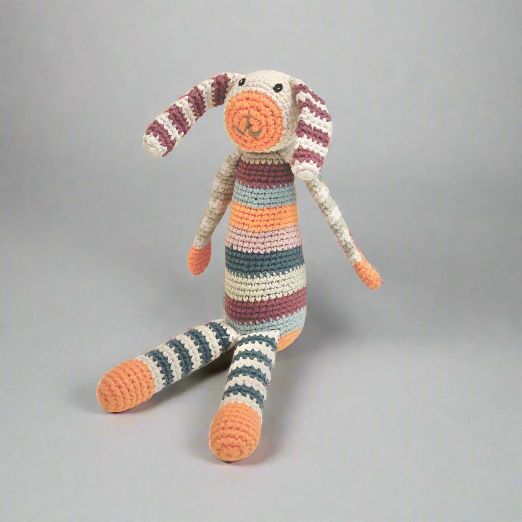 pebble organic rainbow striped plush bunny