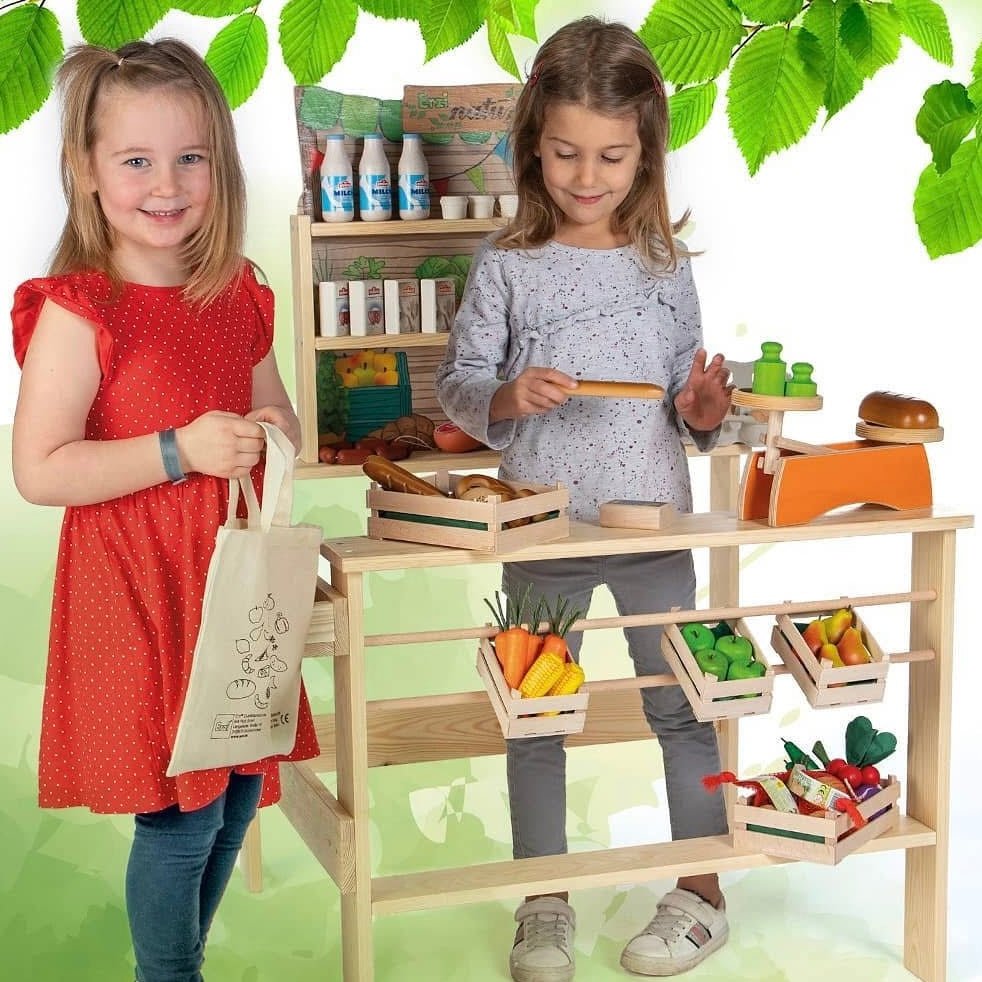 kids playing market with Erzi Wooden food