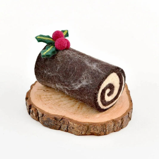 felt play food christmas yule log toy with holly berries on top