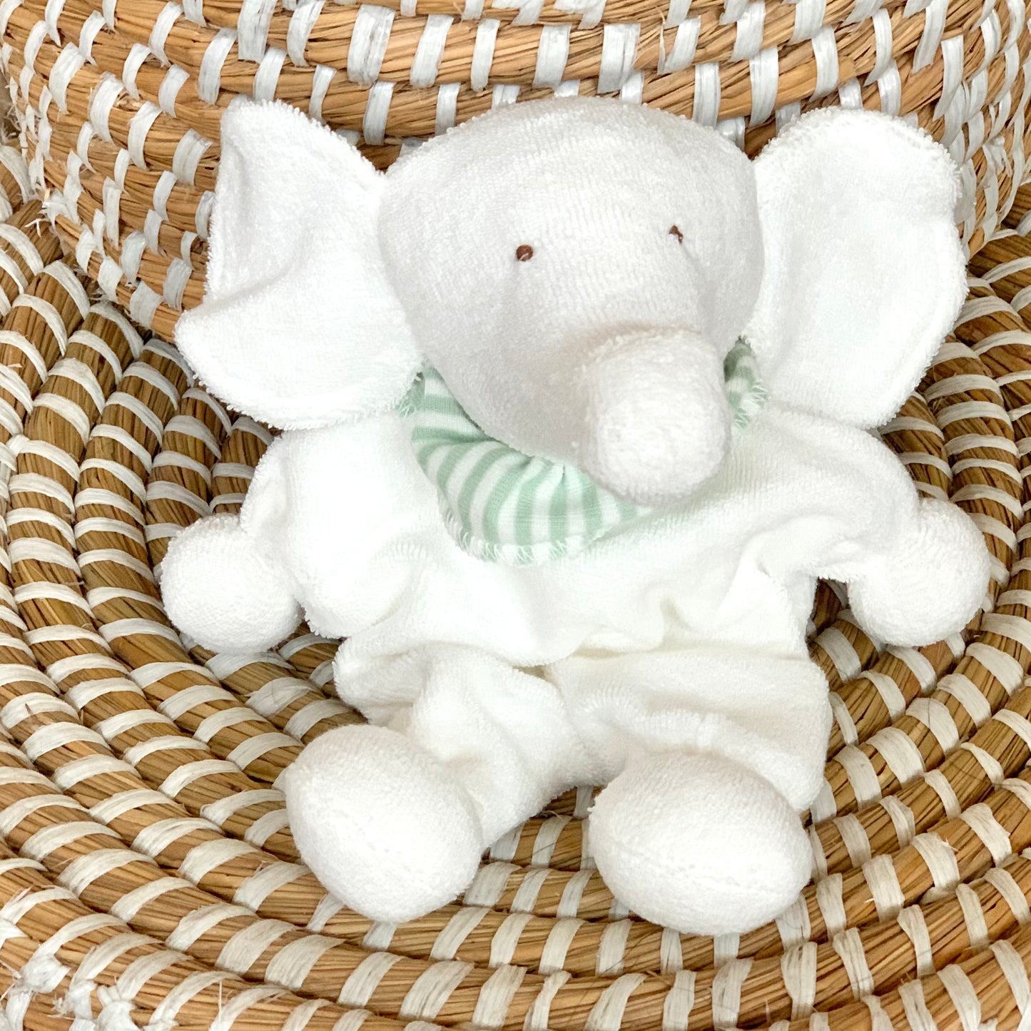Under the Nile organic white elephant lovey baby toy with green striped collar