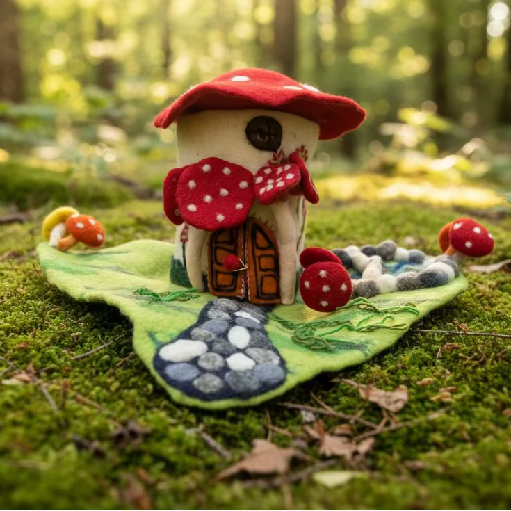 Felted red mushroom fairy doll house and playscape