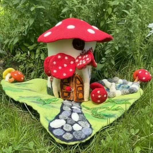 Felted red mushroom fairy doll house and playscape