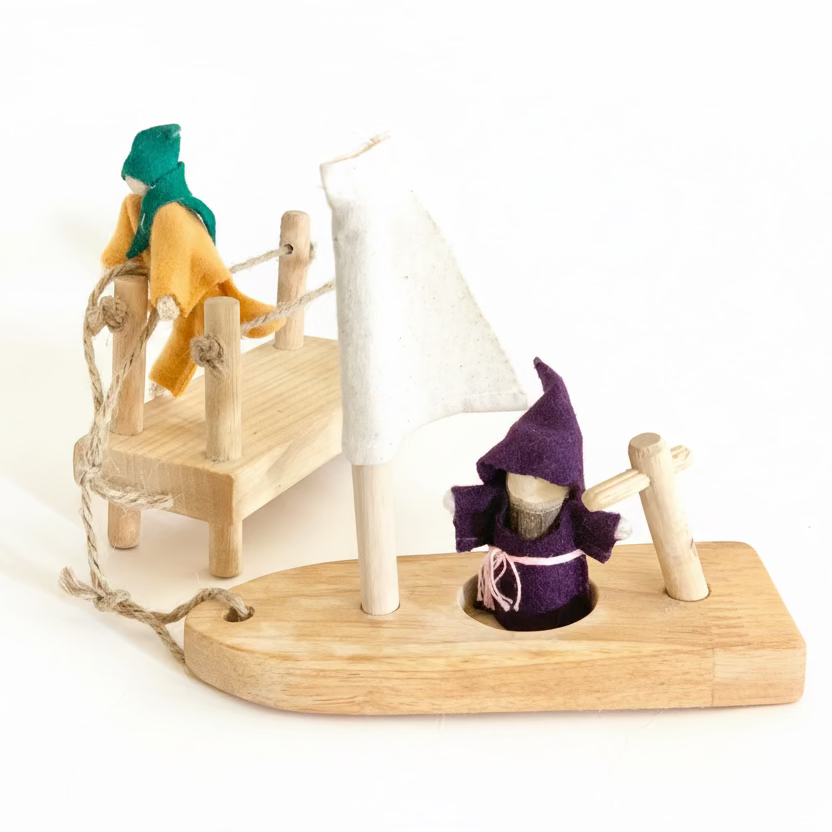 Tree Blocks wooden toy sailboat and dock set with fairy and gnome doll