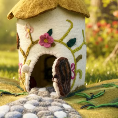 Felt cottage fairy house with a path leading to it, surrounded by greenery