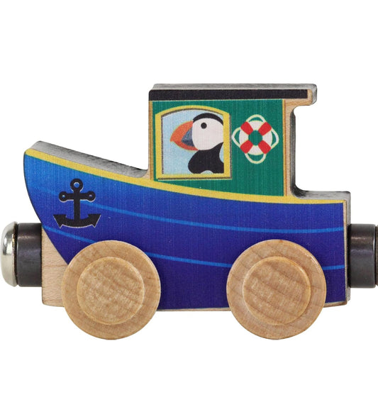 Maple Landmark wooden toy Tugboat train car with a puffin