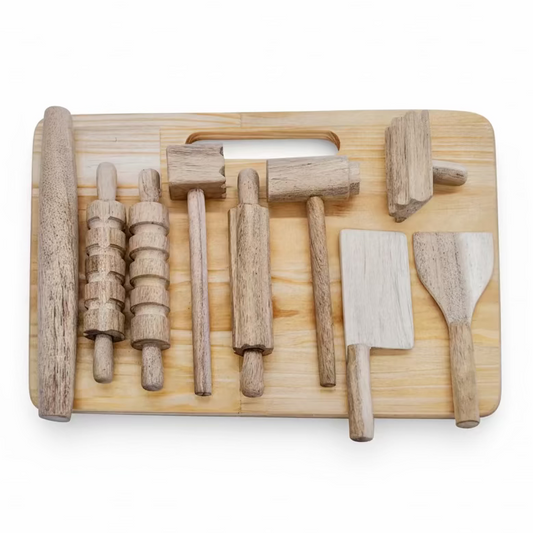 qtoys set of natural wooden play dough toys including a wood board, rollers, spatula and tools